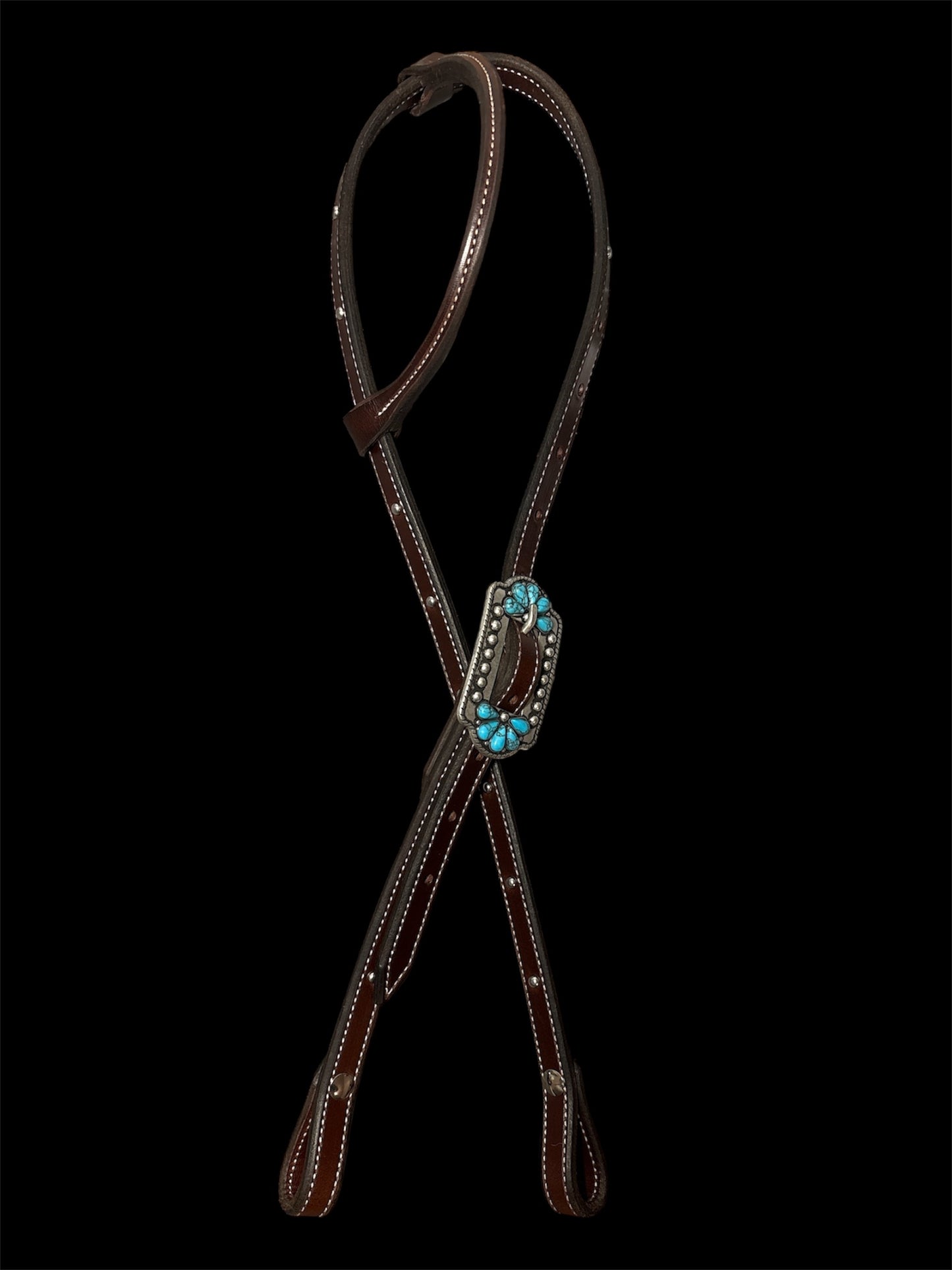 Dark Brown Rolled Ear Headstall With Spots And Turquoise Buckle
