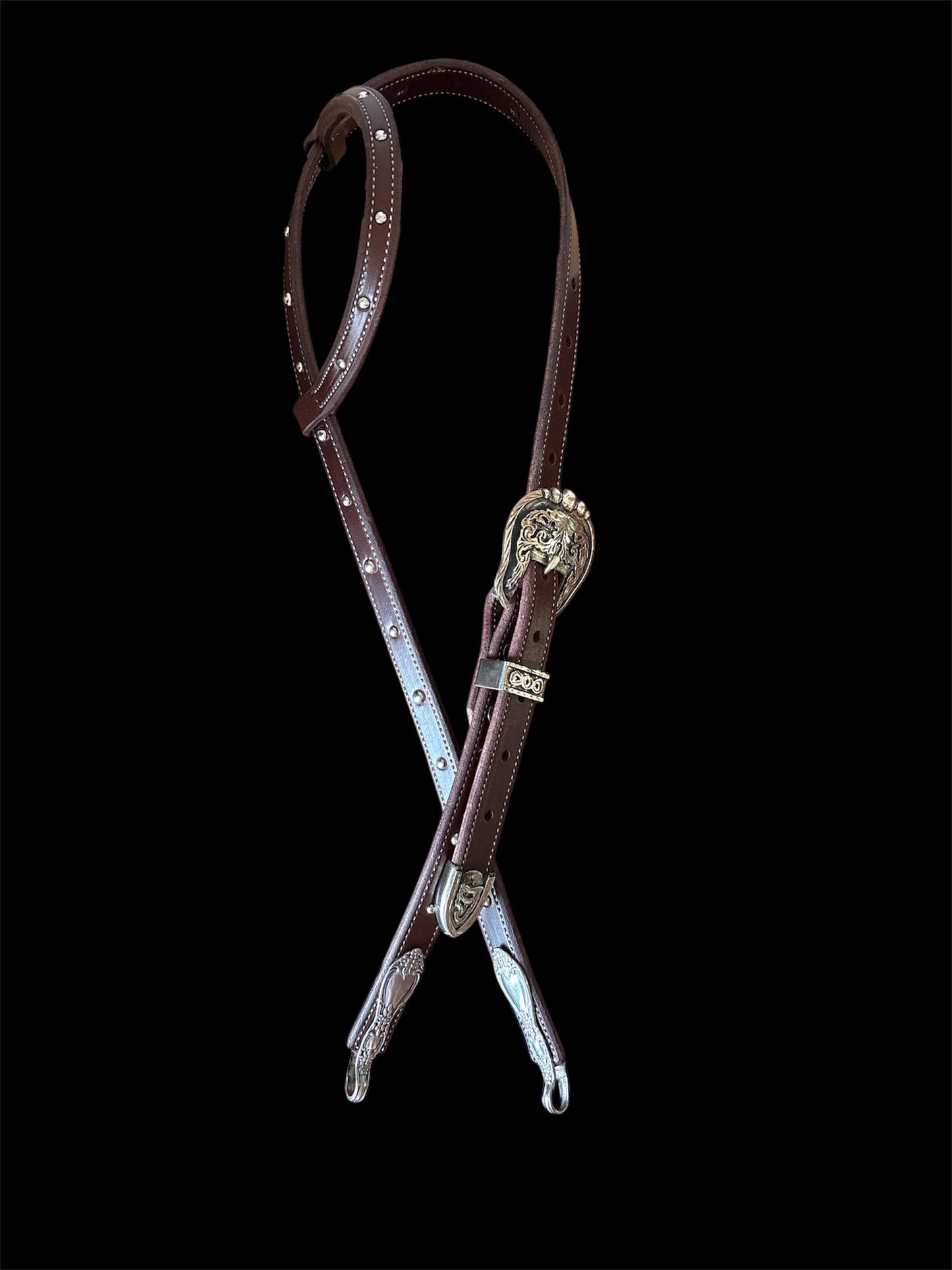 Dark Brown Slide Ear Headstall With Spoon Hangers And Handmade Buckle