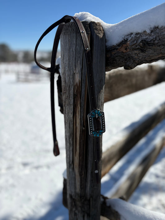 Dark Brown Rolled Ear Headstall With Spots And Turquoise Buckle