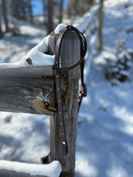 Dark Brown Rolled Ear Headstall With Spots And Turquoise Buckle