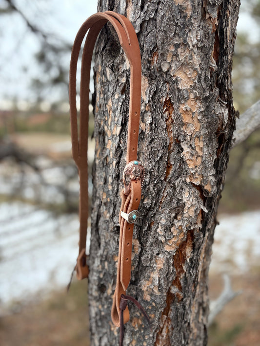 Harness Leather Split Ear Headstall w/ Copper Feather Buckle